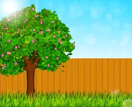 Spring nature background with green grass and blooming tree. Vector illustrat Stock Illustration