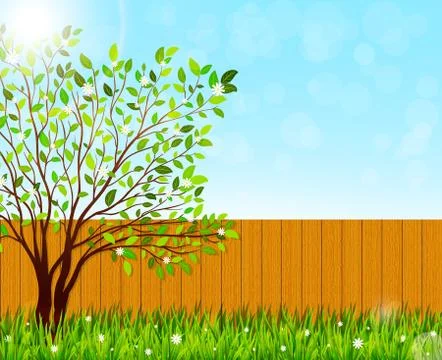 Spring nature background with green grass and blooming tree. Vector illustrat Stock Illustration