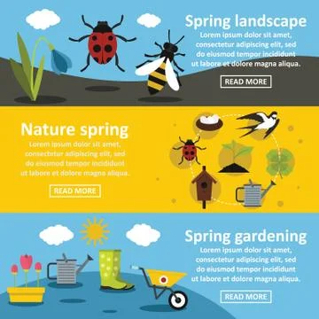 Spring nature banner horizontal set, flat style 스톡 일러스트