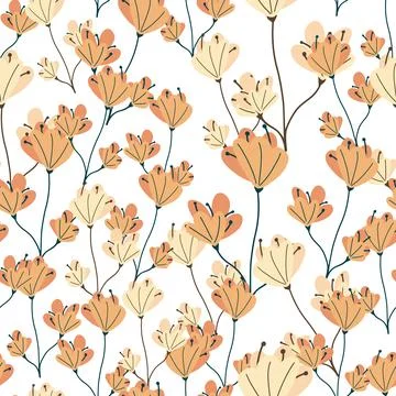 Spring nature seamless pattern with orange random doodle flowers elements. Wh Illustrazione stock