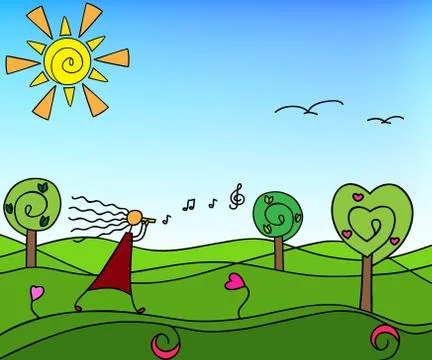 Spring nature with trees. Doodle. Stock Illustration