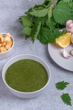 Spring nettle soup and wild, onion, lemon and bread. Healthy vegan food Stock Photos