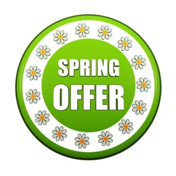 Spring offer green circle label with flowers Stock Illustration