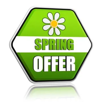 Spring offer green hexagon label with flower Stock Illustration