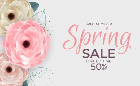 Spring Offer Sale Background Poster Natural Flowers and Leaves Template. Vect Stock Illustration