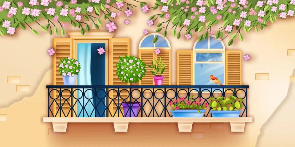 Spring old town vector balcony window facade illustration, blossom sakura Illustrazione stock