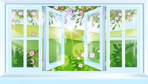 Spring open house window frame vector view, green summer blossom landscape Illustrazione stock