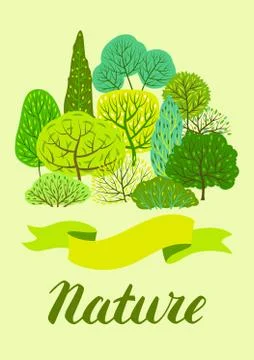 Spring or summer background with stylized trees. Stock Illustration