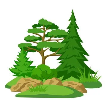 Spring or summer forest. Background with stylized trees. Seasonal illustration. Stock Illustration