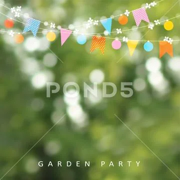 Spring or summer greeting card, invitation. String of lights, bunting flags and Stock Illustration