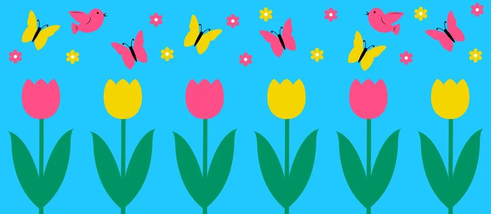 Spring or summer landscape background. Flower field border. Vector illustrati Stock Illustration