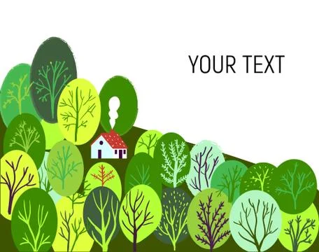 Spring or summer landscape with trees and bushes and small house, cute design Stock Illustration