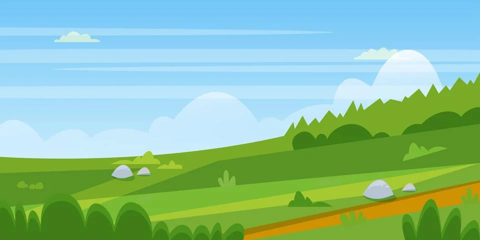 Spring or summer landscape. Vector cartoon illustration of green grass farm.. Stock Illustration