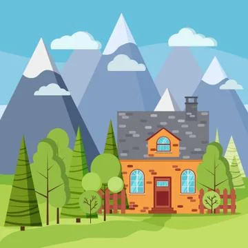 Spring or summer mountain landscape scene with brick farm house, green trees, Stock Illustration