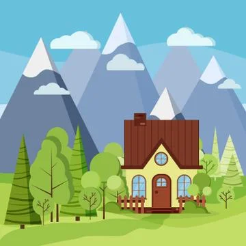 Spring or summer mountains landscape with rural farm house, fences, chimney. Stock Illustration