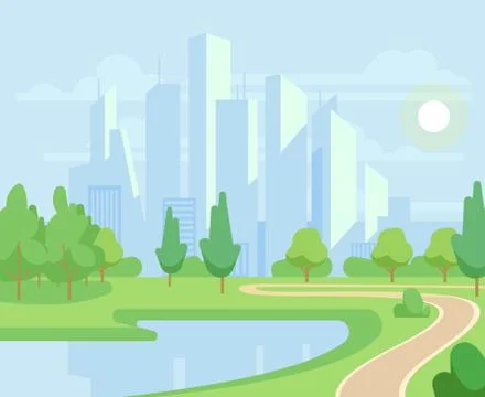Spring or summer nature and green trees in city park with urban skyline vector Ilustración de archivo