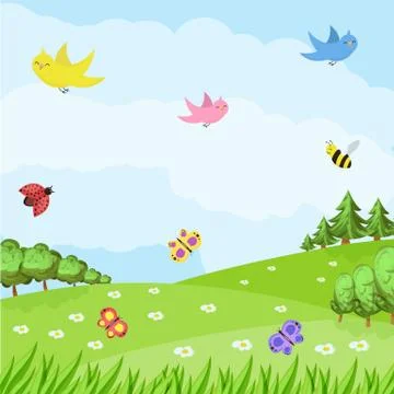 Spring or summer nature background with green grass, flowers and butterflies and Stock Illustration