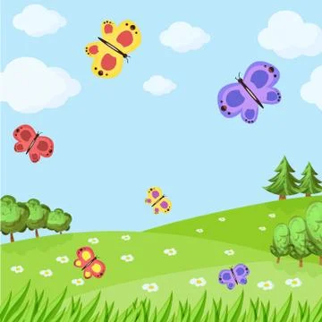 Spring or summer nature background with green grass, flowers and butterflies Stock Illustration