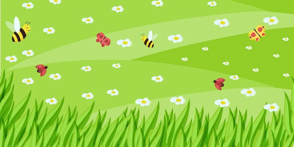 Spring or summer nature background with green grass, flowers and butterflies and Stock Illustration