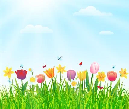 Spring or summer nature background with green grass and flowers Stock Illustration