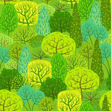 Spring or summer seamless pattern with stylized trees. Stock Illustration