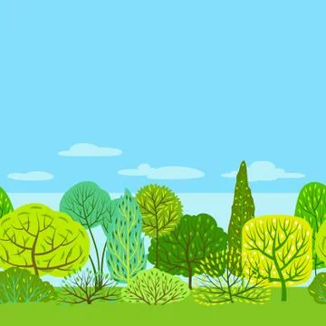 Spring or summer seamless pattern with stylized trees. Illustrazione stock