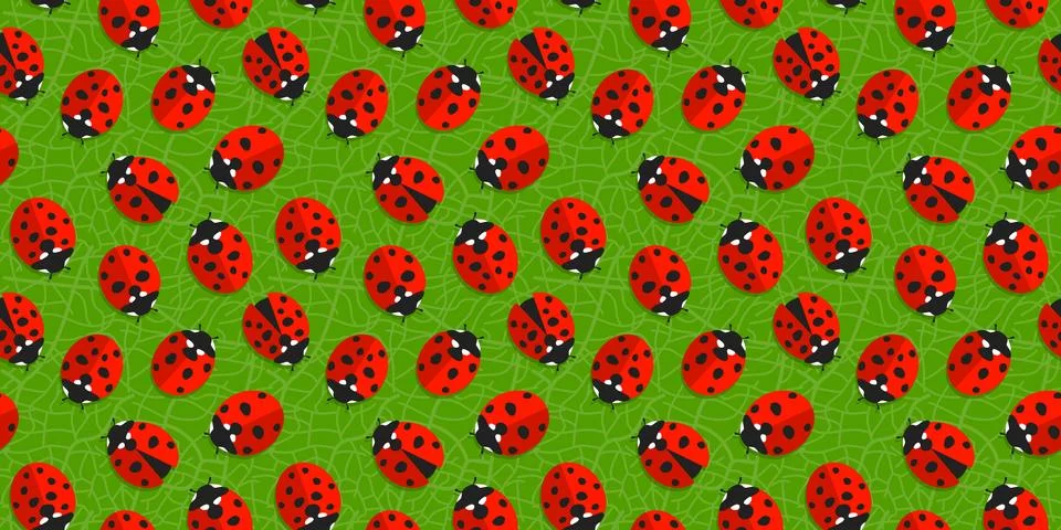 Spring Or Summer Seamless Pattern Background With Red Ladybugs On Green Leaf イラスト素材