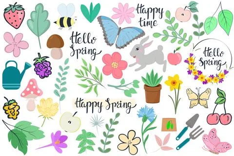 Spring or summer set of hand drawn elements. Flowers and leaves, fruits and Stock Illustration