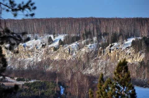 Spring panorama of melting ice on the Sylva river within the city of Kungura. Stock Photos