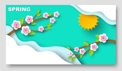 Spring paper cut banner 3d vector background Stock Illustration