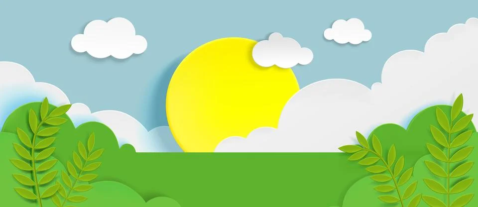 Spring paper cut landscape with grass meadow Stock Illustration