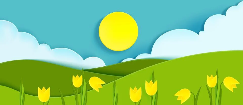 Spring paper cut landscape with grass meadow Ilustração Stock