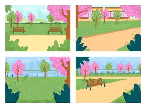 Spring park flat color vector illustration set Stock Illustration