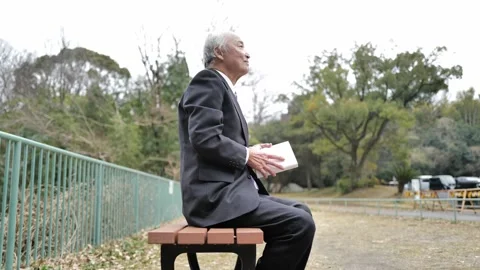 In a spring park, a man in his 70s wearing a suit sits on a bench holding a book Stock Footage 307796618