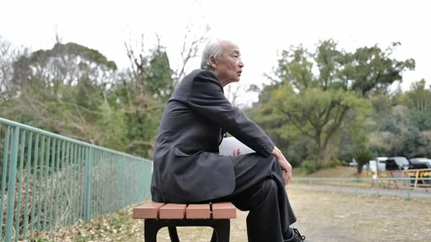 In a spring park, a man in his 70s wearing a suit sits on a bench holding a book Video stock 307796954