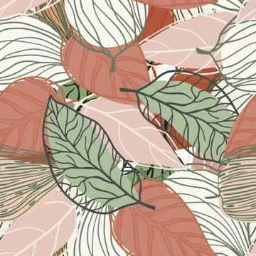 Spring pastel seamless pattern with outline leaf ornament. Pink and green ton Stock Illustration