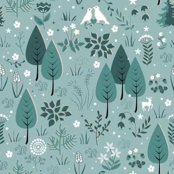 Spring pattern with birds, flowers, and trees. Gentle spring forest backgroun Stock Illustration