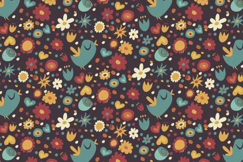 Spring pattern on a black background. The bird sings, different kinds of flowers Stock Illustration