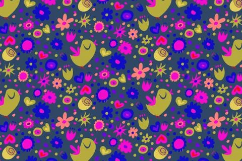 Spring pattern on a black background. The bird sings, different kinds of flowers Stock Illustration