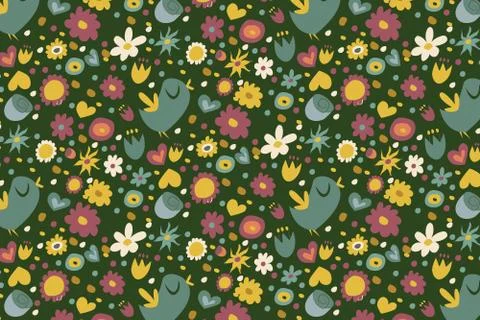 Spring pattern on a black background. The bird sings, different kinds of flowers Stock Illustration