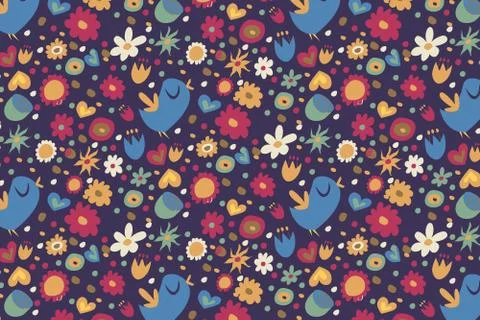 Spring pattern on a black background. The bird sings, different kinds of flowers Stockillustratie