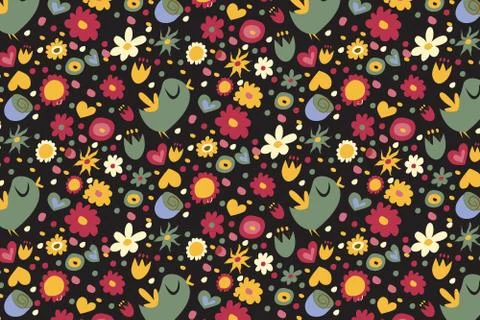 Spring pattern on a black background. The bird sings, different kinds of flowers Stock Illustration