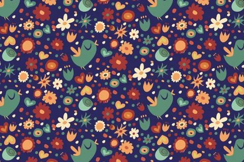Spring pattern on a black background. The bird sings, different kinds of flowers Illustrazione stock