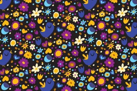 Spring pattern on a black background. The bird sings, different kinds of flowers Stock Illustration