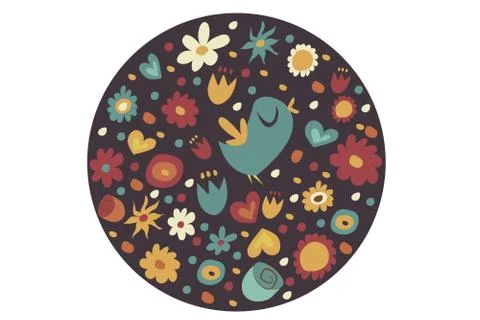 Spring pattern in a circle on a brown background. The bird sings, different k Stock Illustration