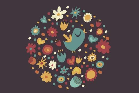 Spring pattern in a circle on a brown background. The bird sings, different Stock Illustration
