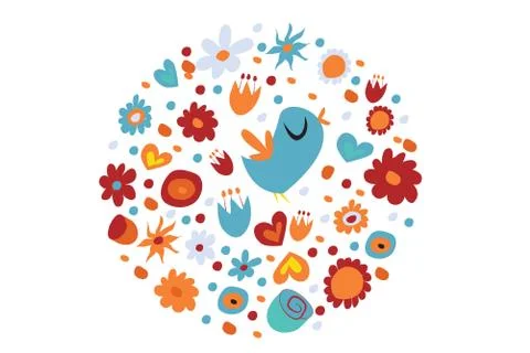 Spring pattern in a circle on a white background. The bird sings, different Stock Illustration