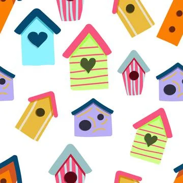 Spring pattern of colored birdhouses on a white background. Stock Illustration