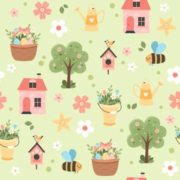 Spring pattern with cute elements - cherry blossom, easter egg basket, house Stockillustratie