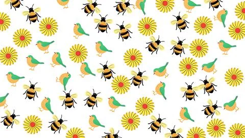 Spring pattern with cute honeybees birds and yellow daisy flowers on a whit.. Stock Illustration